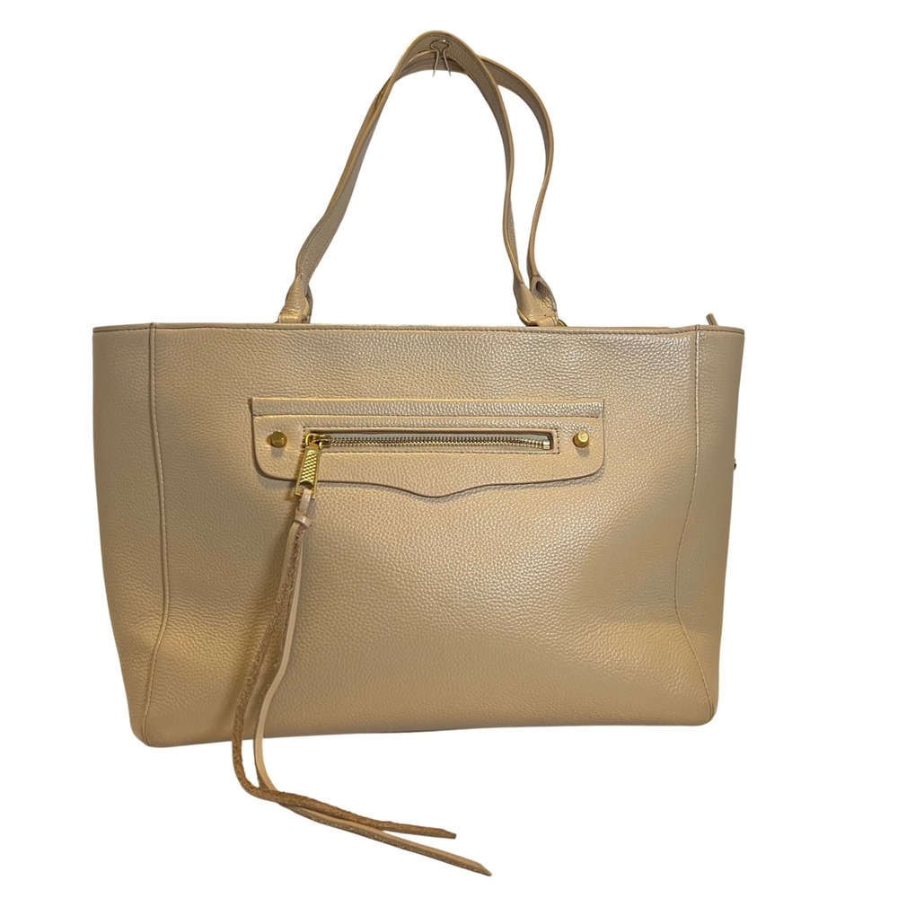 Rebecca Minkoff Regan Tote Bag Womens Large Beige Pebbled Leather Tassel Gold
